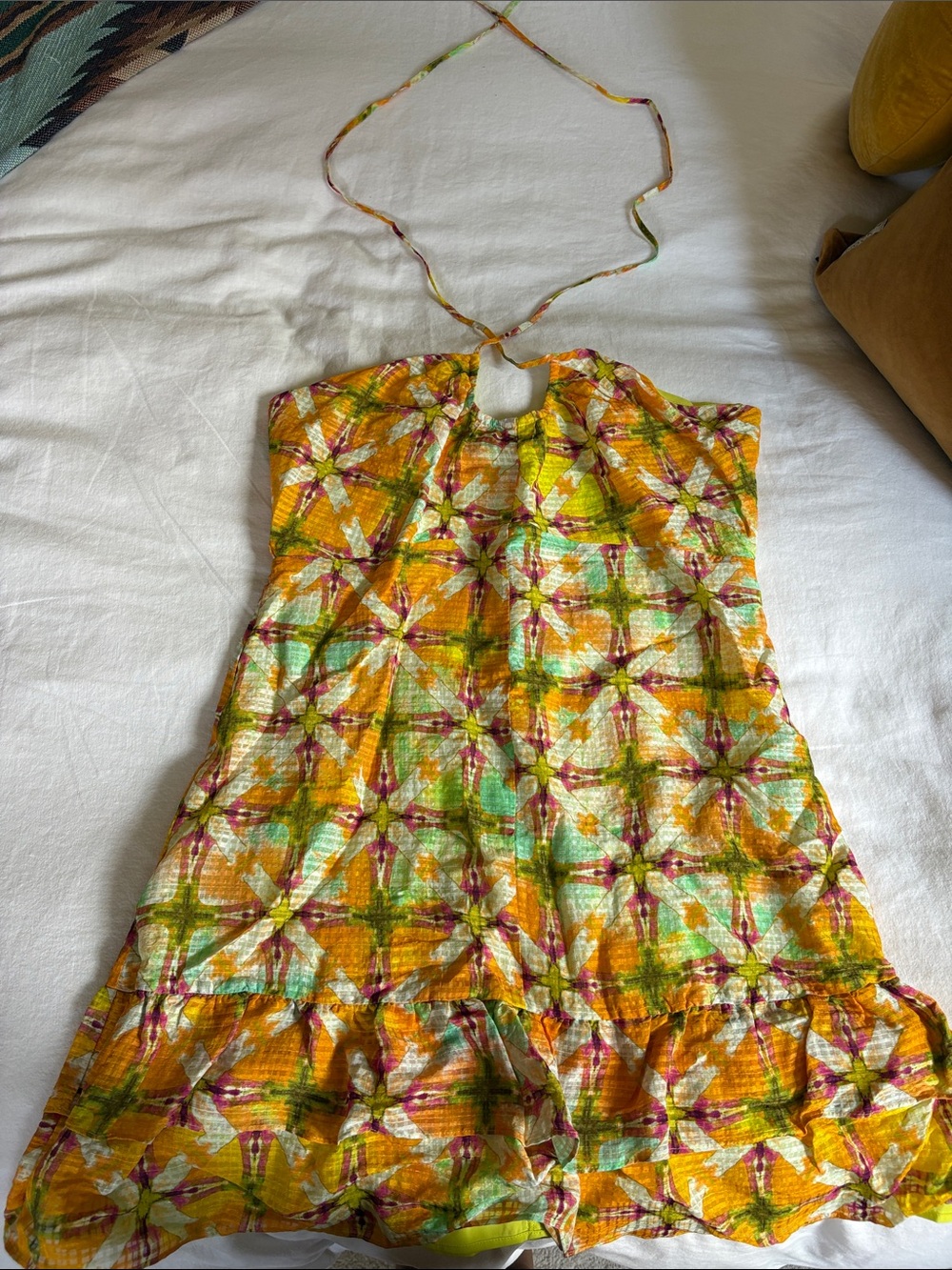 Marie Oliver Bright Yellow Halter Dress with Orange Accents